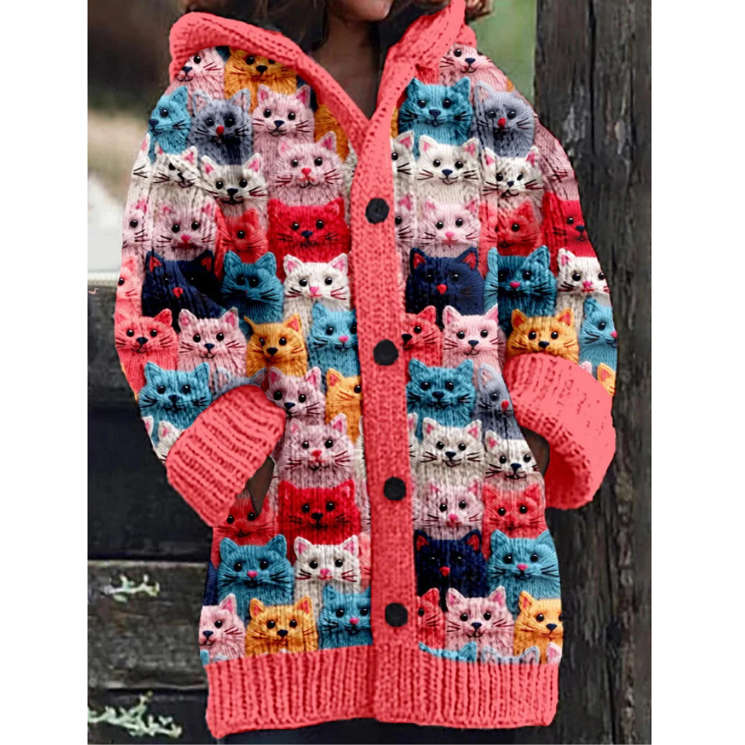 Women's Hooded Cardigan | Cat Print 2