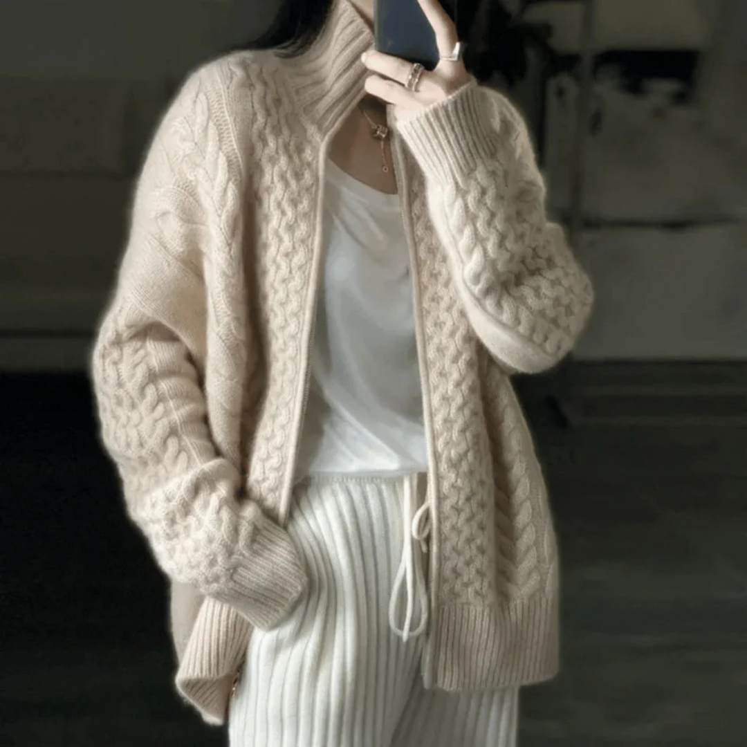 Women's cozy cable-knit zip-up cardigan | turtleneck 1