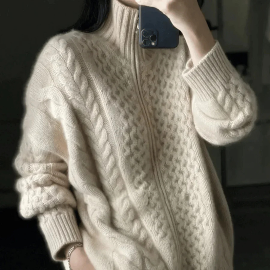 Women's cozy cable-knit zip-up cardigan | turtleneck 2
