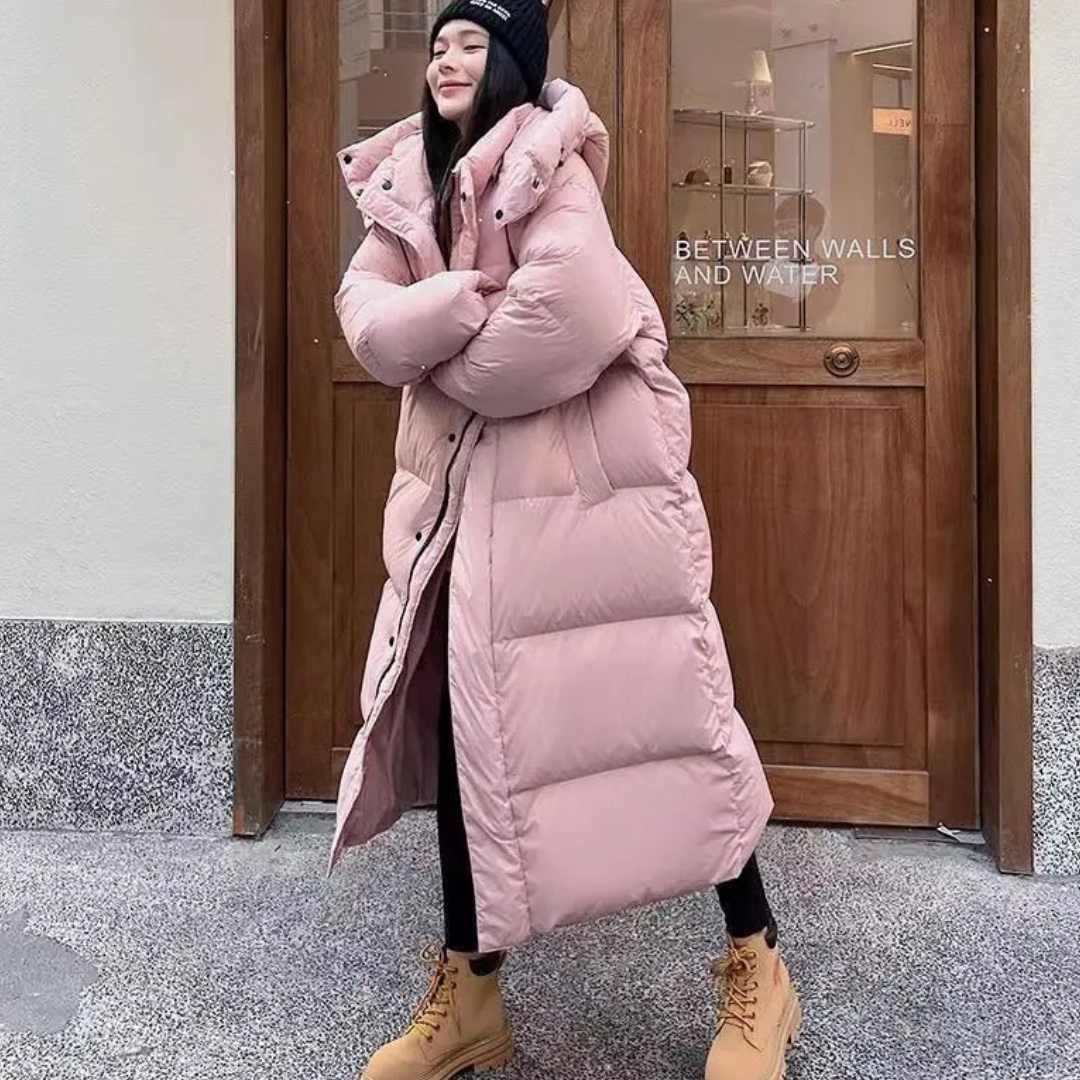 Women's long winter buffer down jacket | Hood 1