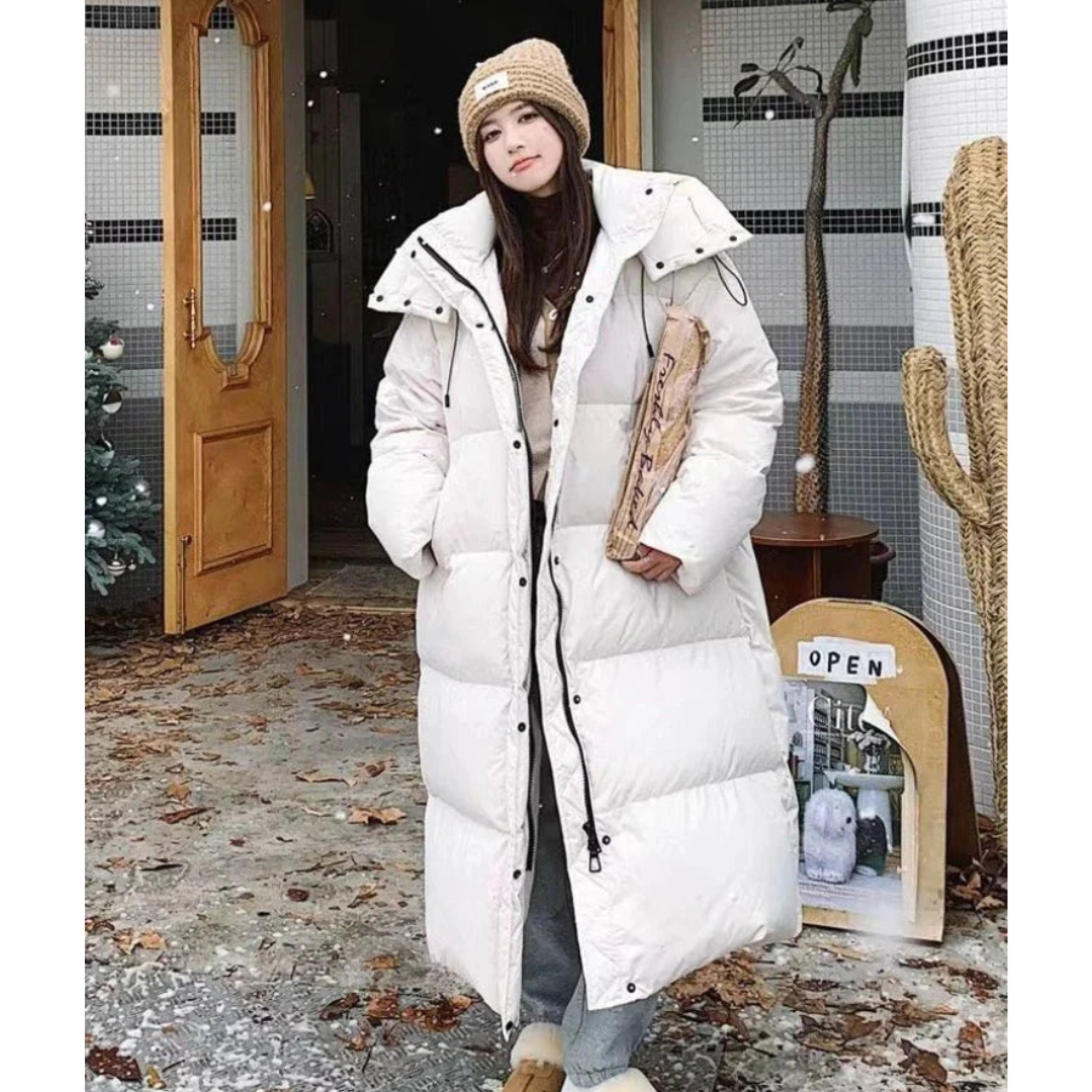 Women's long winter buffer down jacket | Hood 3