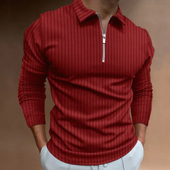 NEAL | Solid Color Ribbed Long Sleeve Polo Shirt-4