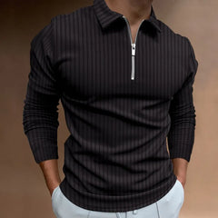 NEAL | Solid Color Ribbed Long Sleeve Polo Shirt-1