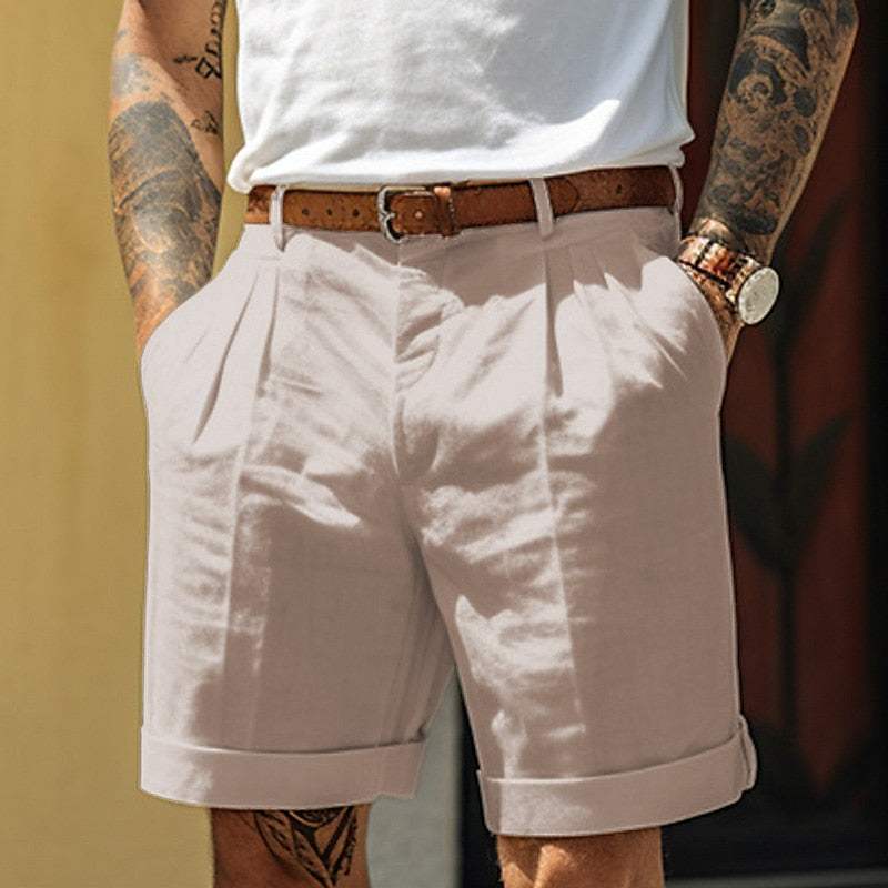 Men’s Tailored Shorts - Cotton Linen Blend - Pleated Front - Cuffed Hem - Breathable Fabric-2
