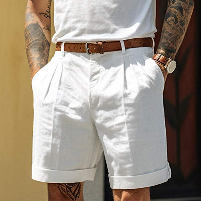 Men’s Tailored Shorts - Cotton Linen Blend - Pleated Front - Cuffed Hem - Breathable Fabric-1