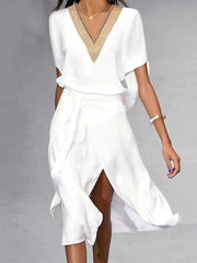 Diana | Modern White Midi Dress with Elegant V-Neck-2