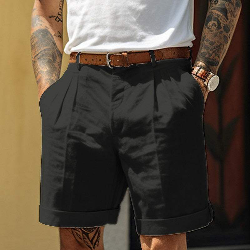 Men’s Tailored Shorts - Cotton Linen Blend - Pleated Front - Cuffed Hem - Breathable Fabric-5