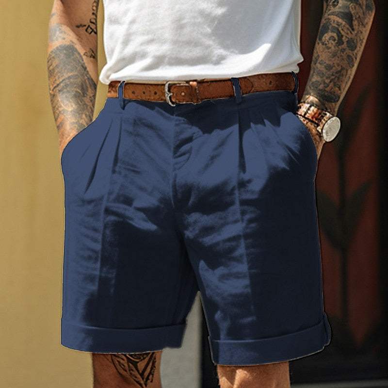 Men’s Tailored Shorts - Cotton Linen Blend - Pleated Front - Cuffed Hem - Breathable Fabric-3