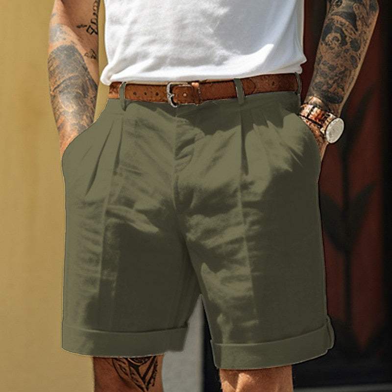 Men’s Tailored Shorts - Cotton Linen Blend - Pleated Front - Cuffed Hem - Breathable Fabric-4