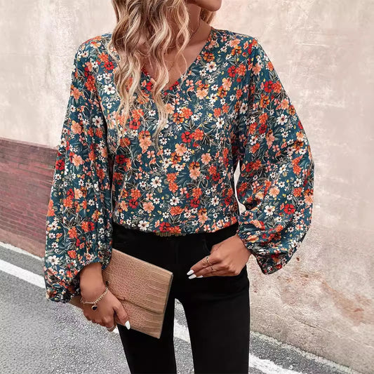 Blouse professionnelle florale à col en V - Vêtements de travail d'inspiration japonaise