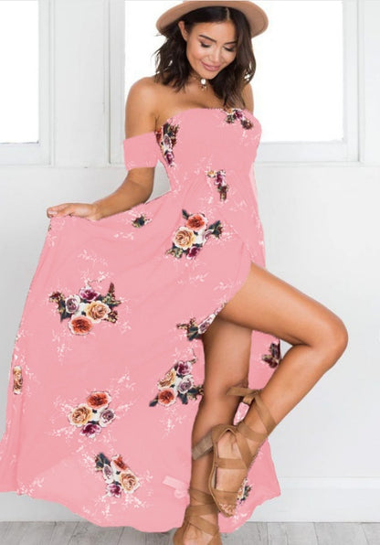 Robe de plage longue florale bohème à épaules dénudées - Collection Mousseline d'été