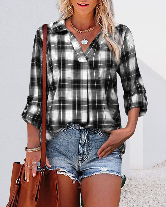  ERIN | V-neck Checked Long Sleeve Blouse-1