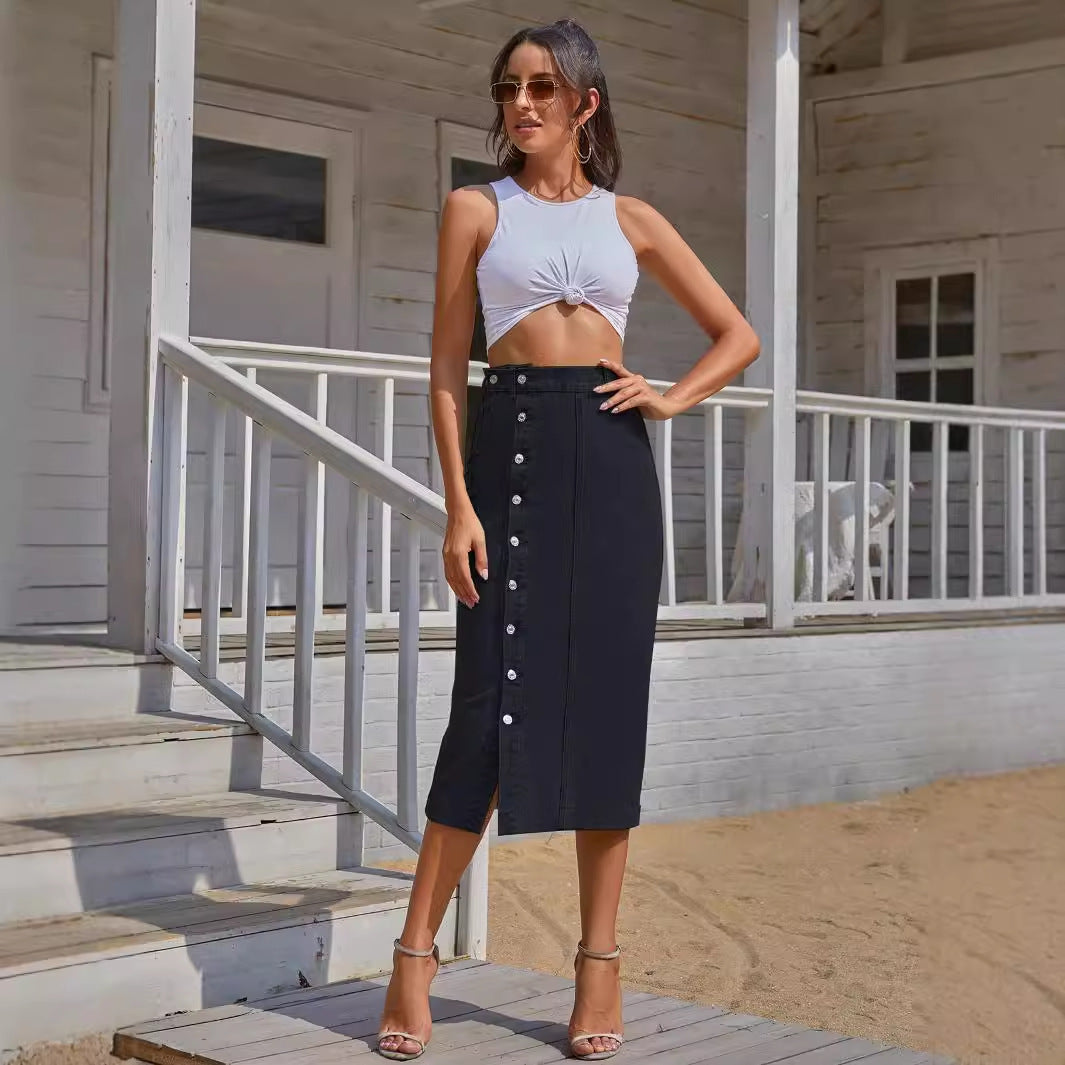 European Denim Button-Front A-Line Dress Skirt