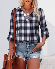 ERIN | V-neck Checked Long Sleeve Blouse-2