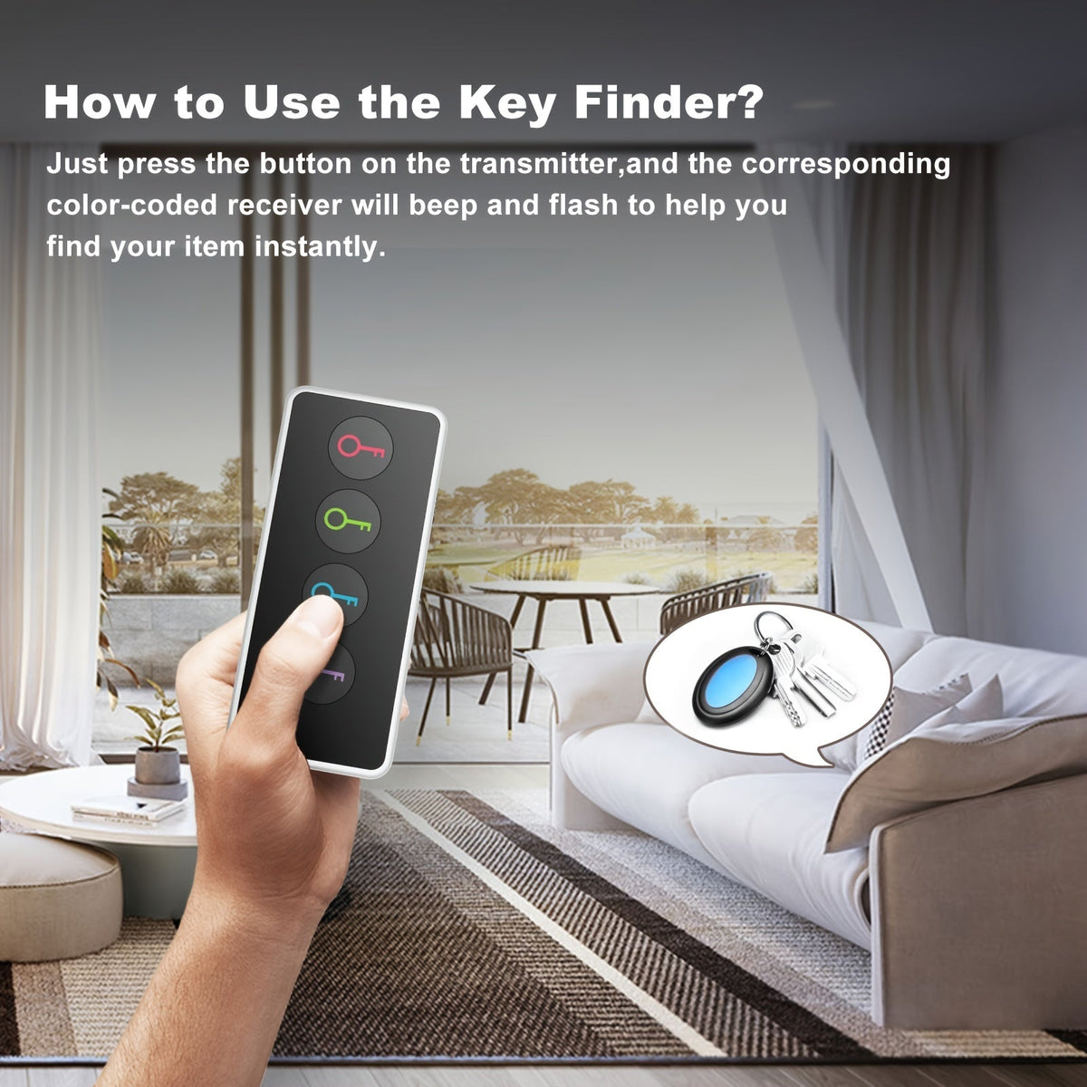 4-in-1 key finder with LED flash and color-coded recipient compact key Locator for keys, remote controls and more 4