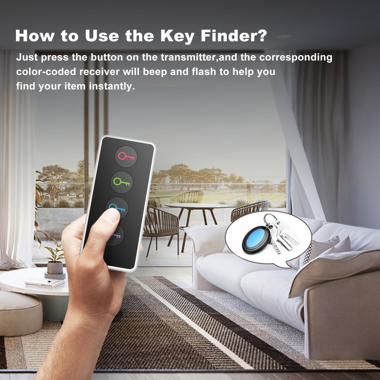 4-in-1 key finder with LED flash and color-coded recipient compact key Locator for keys, remote controls and more 4