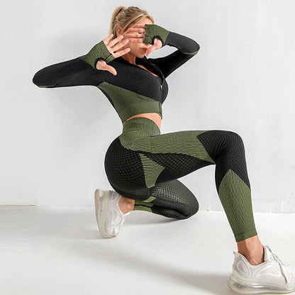 Ensemble de fitness haut de gamme 3 pièces : haut à manches longues, soutien-gorge de sport et leggings