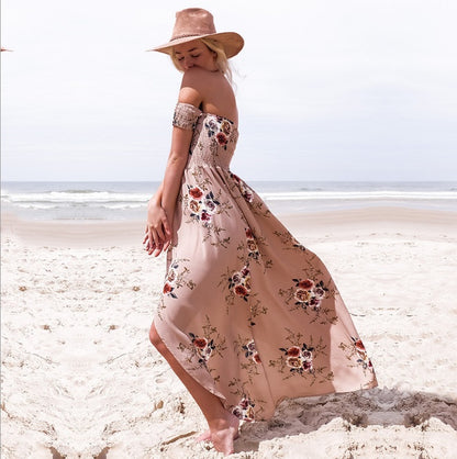 Robe de plage longue florale bohème à épaules dénudées - Collection Mousseline d'été