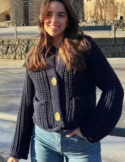 Cardigan tricoté bleu marine - Charme décontracté vintage