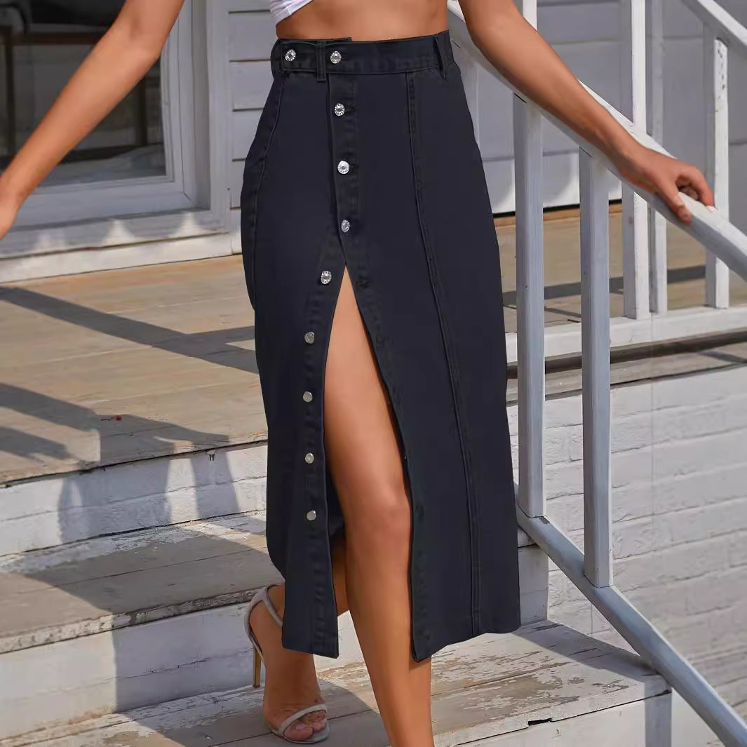 European Denim Button-Front A-Line Dress Skirt