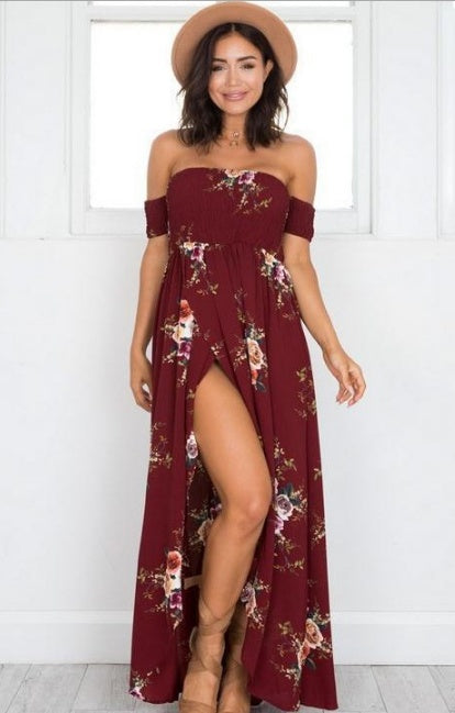 Robe de plage longue florale bohème à épaules dénudées - Collection Mousseline d'été