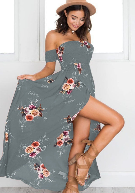 Robe de plage longue florale bohème à épaules dénudées - Collection Mousseline d'été