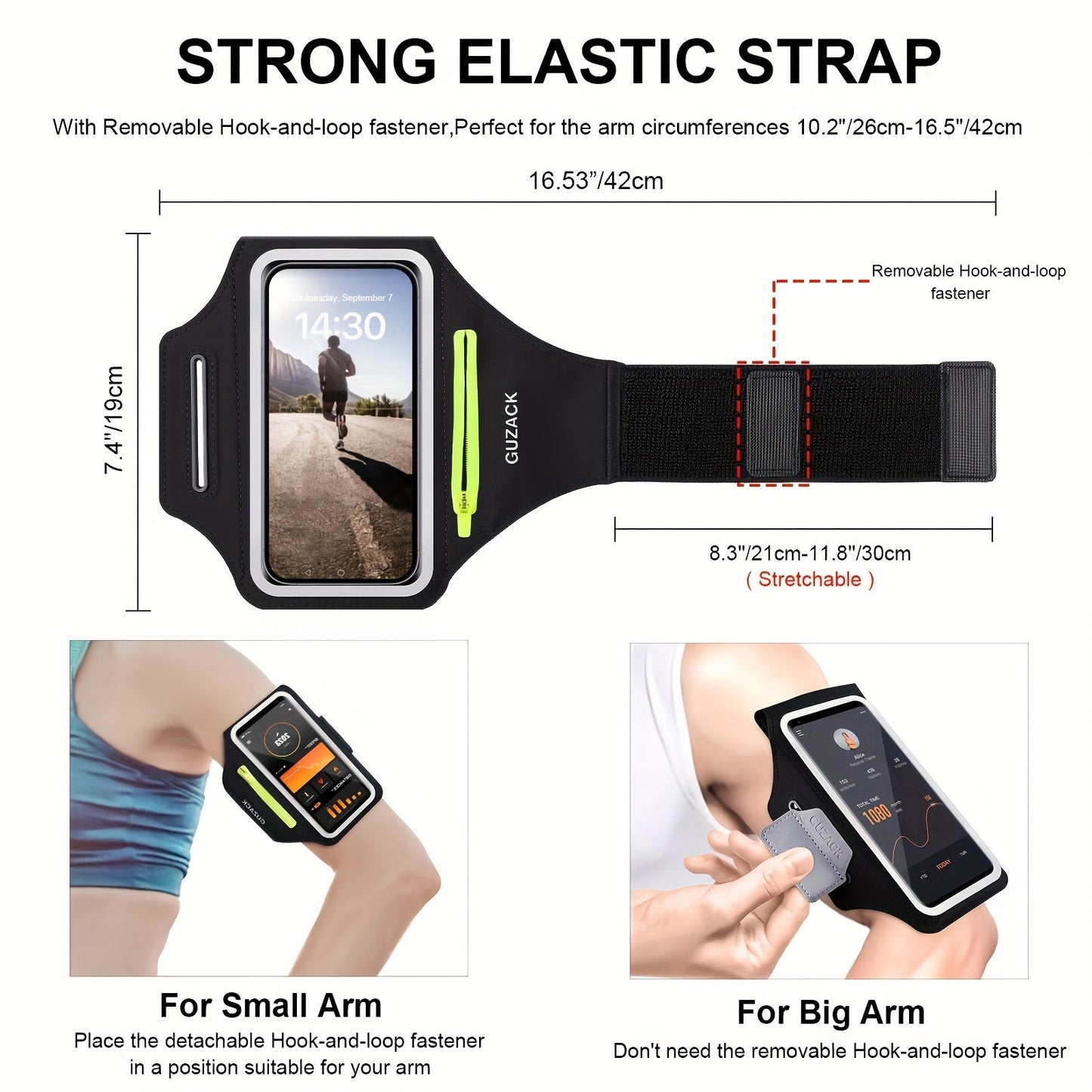Adjustable telephone holder with hearingphone compartment fits the arm sizes 26-42 cm, compatible with iPhone and galaxy 5