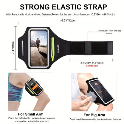 Adjustable telephone holder with hearingphone compartment fits the arm sizes 26-42 cm, compatible with iPhone and galaxy 5