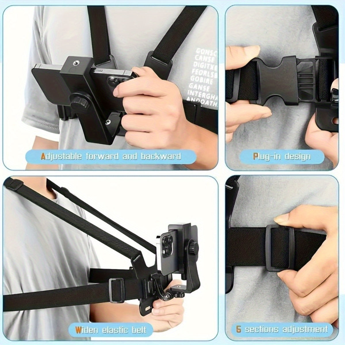 Adjustable vertical belt for comfortable filming and photography-safe telephone holder for smartphones and action cameras 5