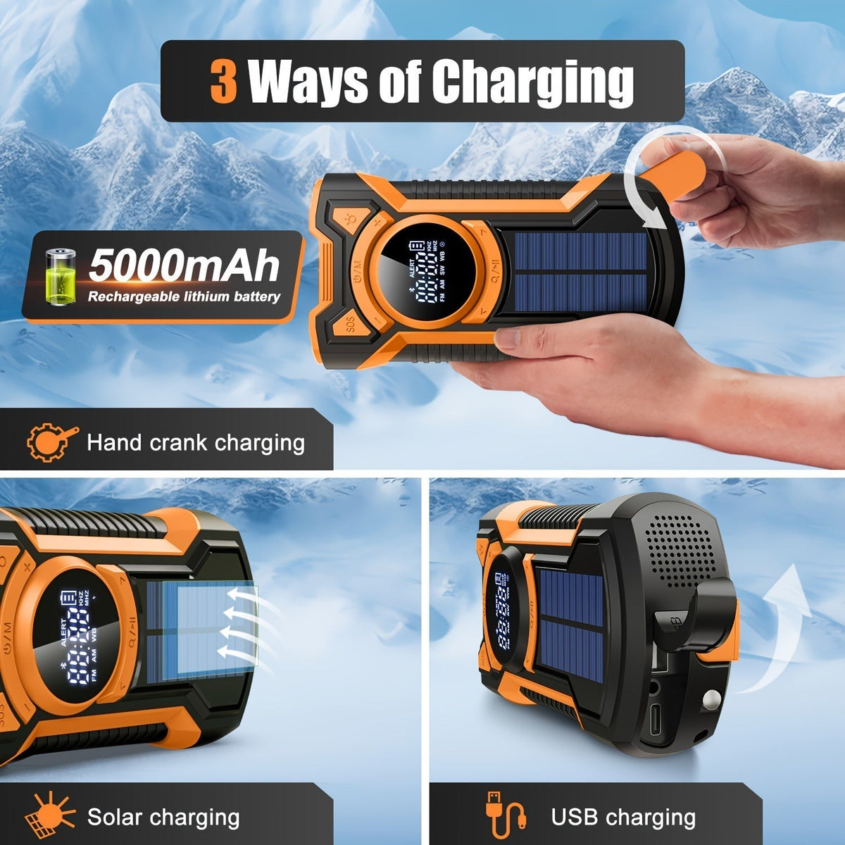All-in-one emergency radio with hand crank, solar panel, flashlight and USB charger ideal for camping and outdoor use 5