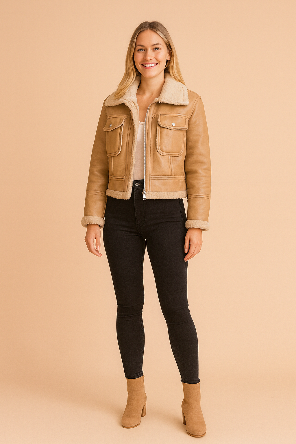 Beige faux shearling aviator jacket with front flap pockets, zip closure, and plush lining, styled with black skinny jeans and tan ankle boots for a chic winter look.