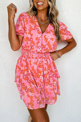  Chic Pink V-Neck Dress with Playful Short Ruffles-1