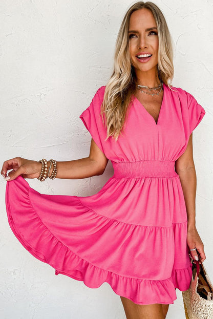  Chic Ruffled V-Neck Smock Dress with Elegant Pleated Sleeves-5