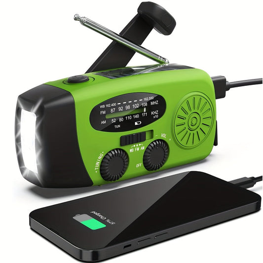 Compact emergency radio with 2000mah Power Bank, solar, hand crank and built -in flashlight for use outdoors 0