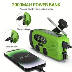Compact emergency radio with 2000mah Power Bank, solar, hand crank and built -in flashlight for use outdoors 2