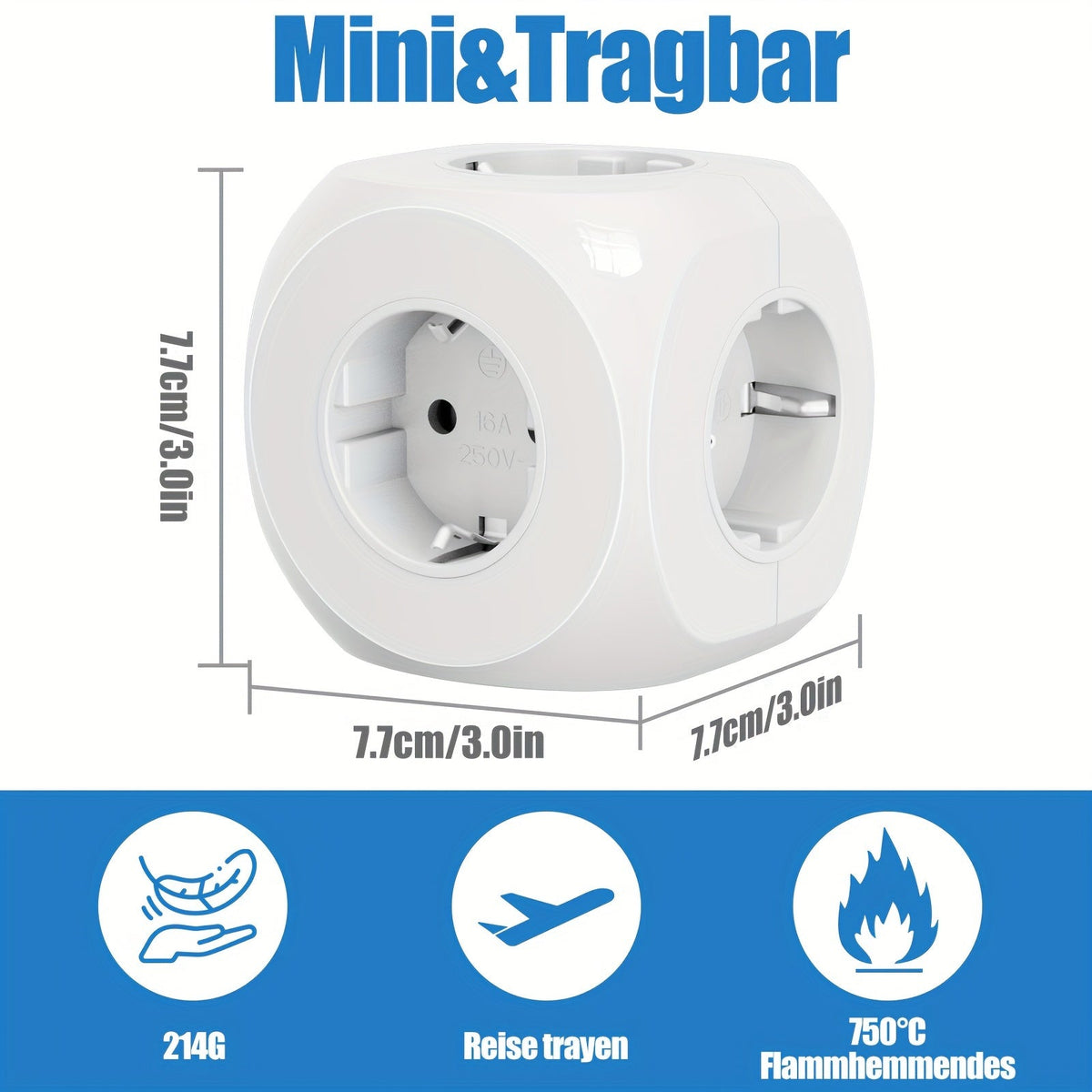 Compact portable power plug -in cubes with 5 electrical connections - light and safe for home, office and travel 3