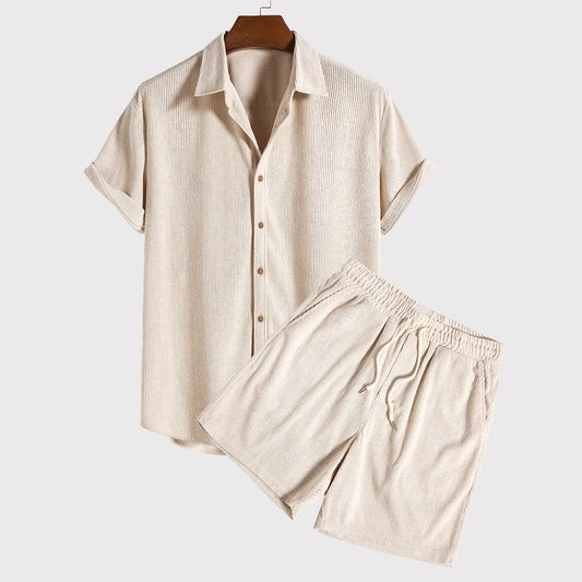  Men’s Short-Sleeve Button-Up Shirt & Drawstring Shorts – Lightweight Breathable Set-1