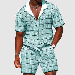  Men's Two-Piece Outfit - Short-Sleeve Button-Up Shirt & Shorts - Checkered Casual Fit-1