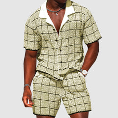  Men's Two-Piece Outfit - Short-Sleeve Button-Up Shirt & Shorts - Checkered Casual Fit-2