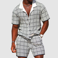  Men's Two-Piece Outfit - Short-Sleeve Button-Up Shirt & Shorts - Checkered Casual Fit-3