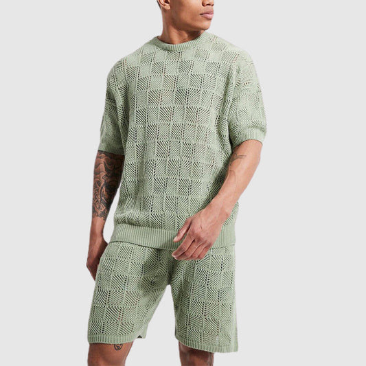  Men’s Knitted Set - Breathable Short-Sleeve Top & Shorts - Geometric Texture Casual Wear-1