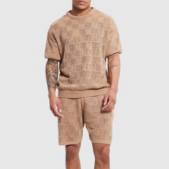  Men’s Knitted Set - Breathable Short-Sleeve Top & Shorts - Geometric Texture Casual Wear-2