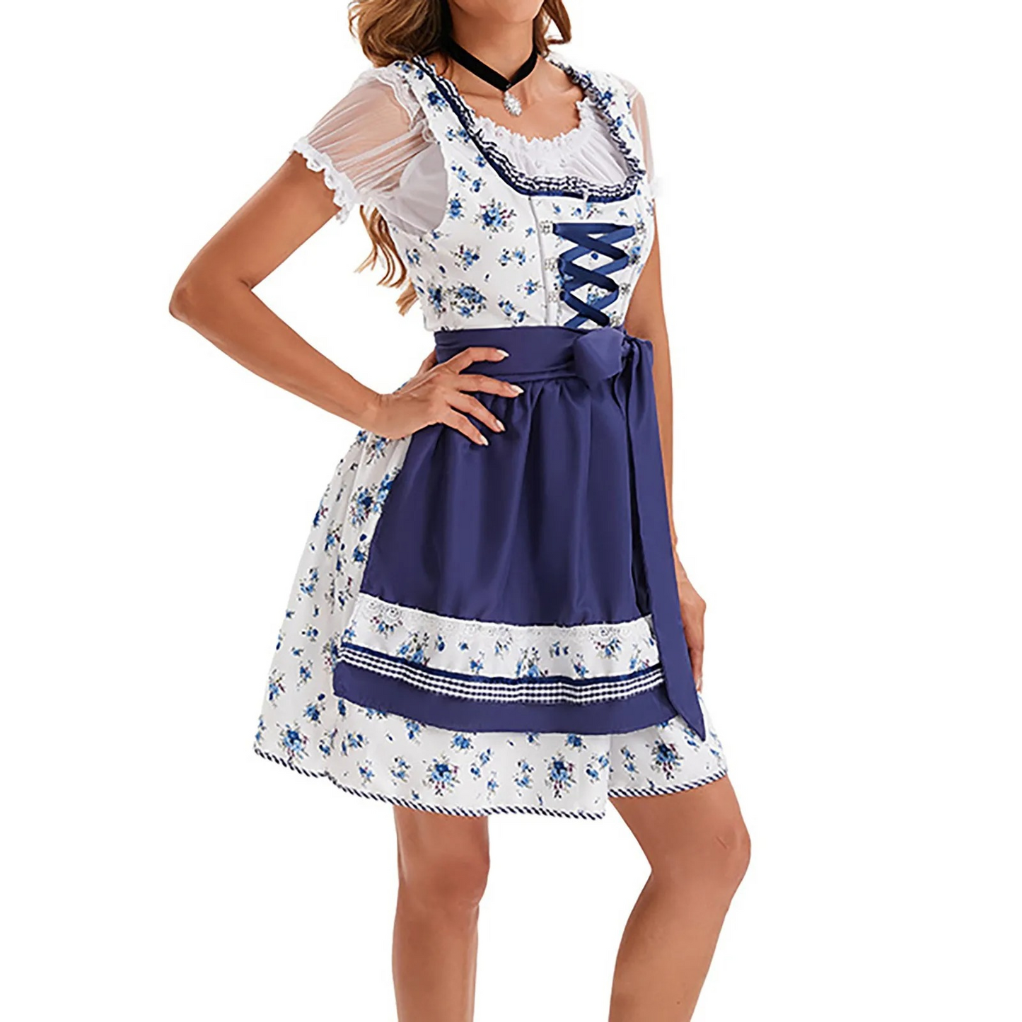 Dirndl dress with floral print and apron for Oktoberfest and traditional costume festival 1