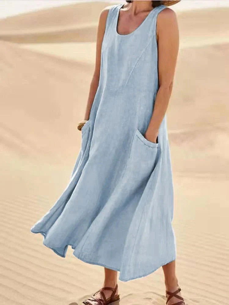  Effortless Chic: Linen Maxi Dress with Convenient Pockets-5