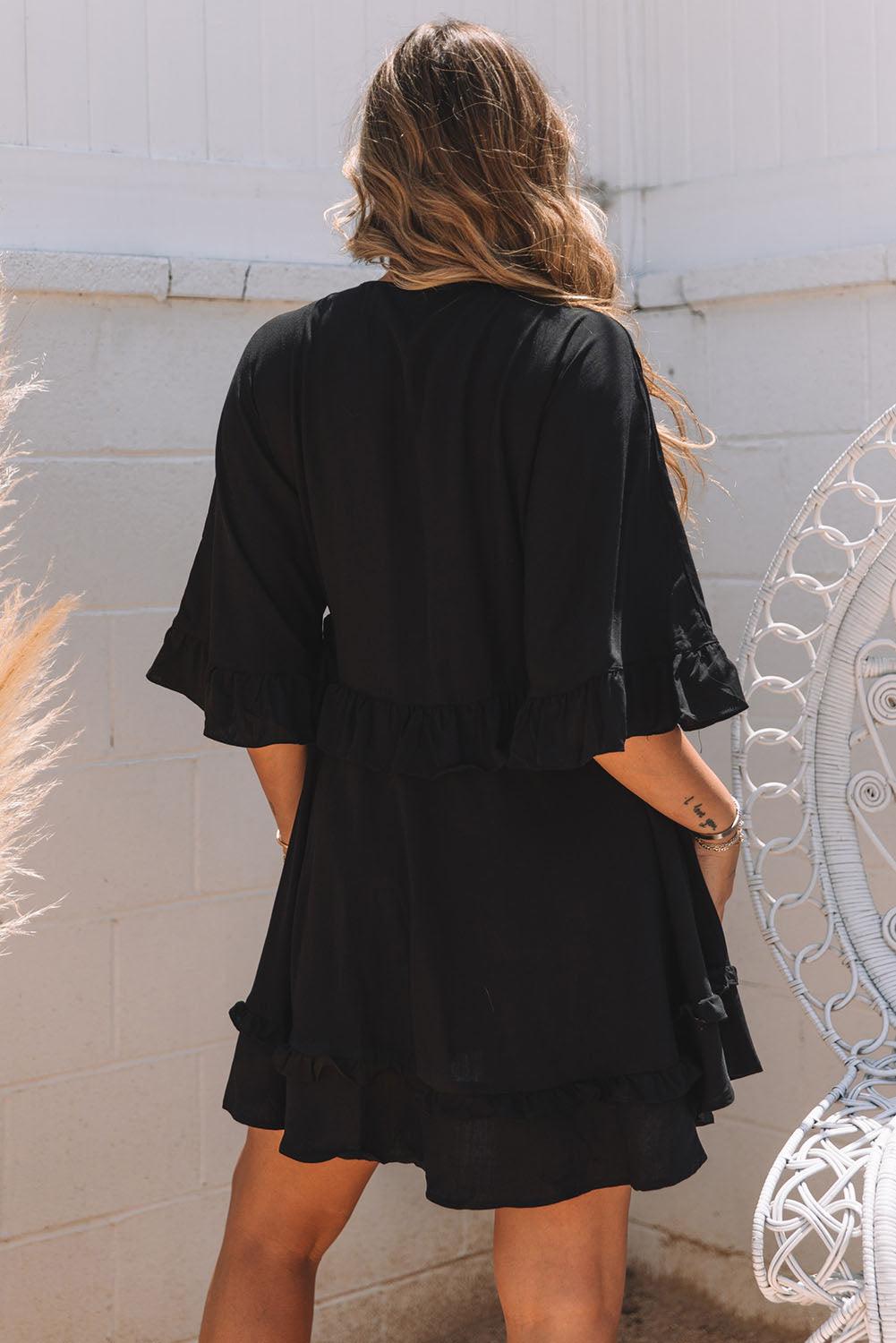  Elegant Black V-Neck Babydoll Mini Dress-2