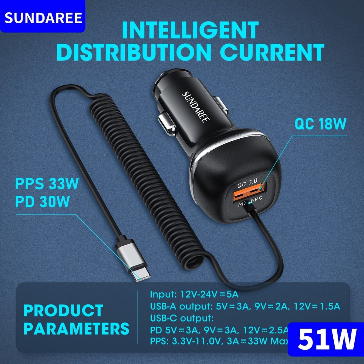 Fast USB-C car charger with 51-W current, 3 ports and QC 3.0 technology for several device charges 2
