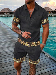  Men’s Two-Piece Set - Textured Short-Sleeve Zip Polo & Matching Shorts - Casual Wear-1