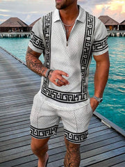  Men’s Two-Piece Set - Textured Short-Sleeve Zip Polo & Matching Shorts - Casual Wear-3