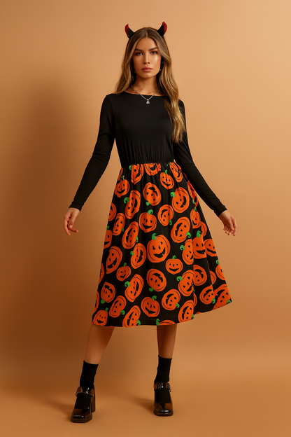 Halloween Pumpkin Print Midi Dress with Long Sleeves 0