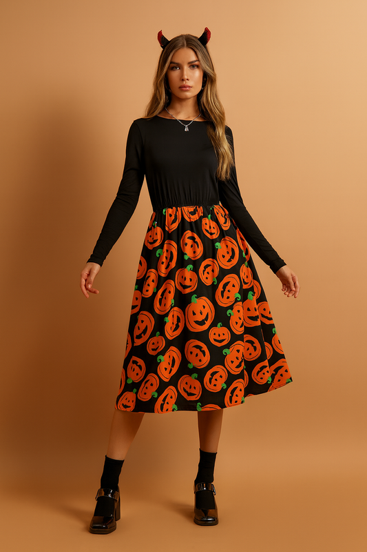Halloween Pumpkin Print Midi Dress with Long Sleeves 0
